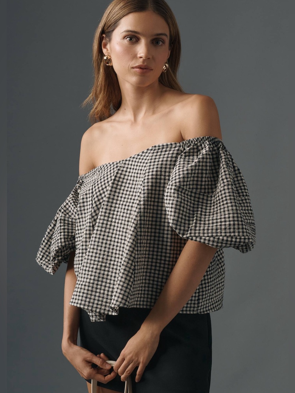Maeve Anthropologie Gingham Puff Sleeve Crop Top Small Black White Cottagecore